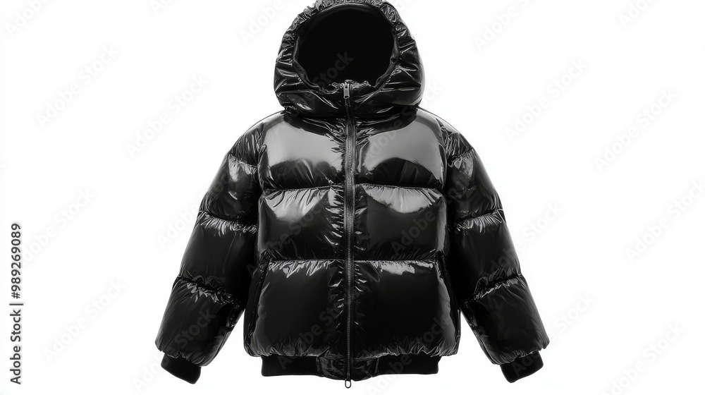 Fototapeta premium Kids' black hooded warm sport puffer jacket isolated over white background. Ghost mannequin photography 