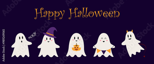 Happy halloween greeting card with cute ghost and fancy hat. Holidays character. Vector illustration