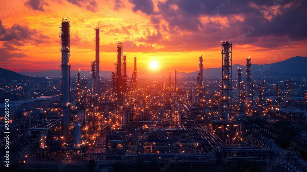twilight hues envelop a sprawling oil refinery its intricate network of pipes and towers silhouetted against a dusky sky with warm lights illuminating the industrial landscape twilight hues envelop a sprawling oil refinery its intricate network of pipes and towers silhouetted against a dusky sky with warm lights illuminating the industrial landscape