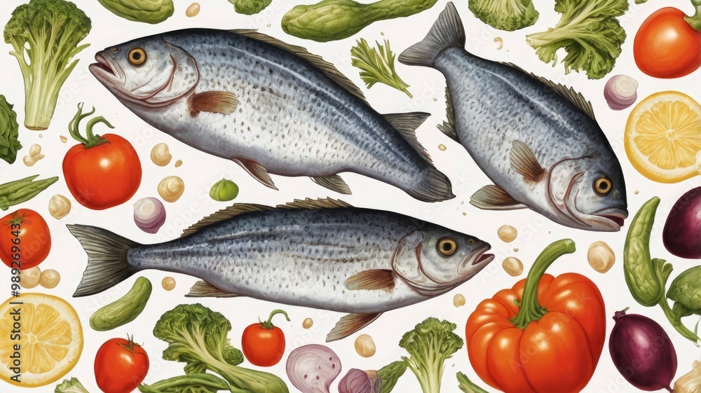 illustration of fish and vegetables white background illustration of fish and vegetables white background