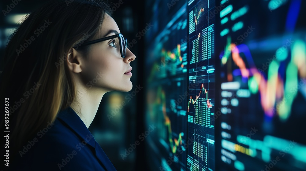 A professional woman analyzes stock market data on a digital display during a late-night trading session in a modern office setting A professional woman analyzes stock market data on a digital display during a late-night trading session in a modern office setting