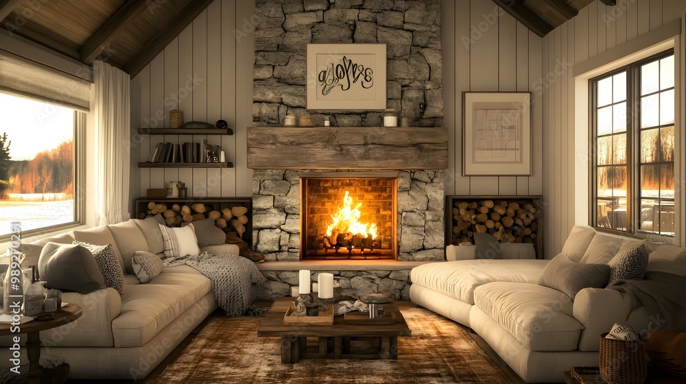 Cozy Rustic Living Room with Crackling Fireplace in Cabin Retreat Warm and inviting interior design with stone fireplace wooden beams and plush seating for a peaceful hygge inspired scene Cozy Rustic Living Room with Crackling Fireplace in Cabin Retreat Warm and inviting interior design with stone fireplace wooden beams and plush seating for a peaceful hygge inspired scene