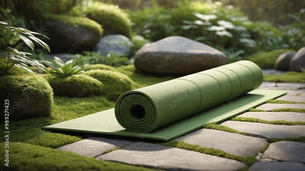 Tranquil Yoga Mat on Lush Green Garden Pathway Tranquil Yoga Mat on Lush Green Garden Pathway