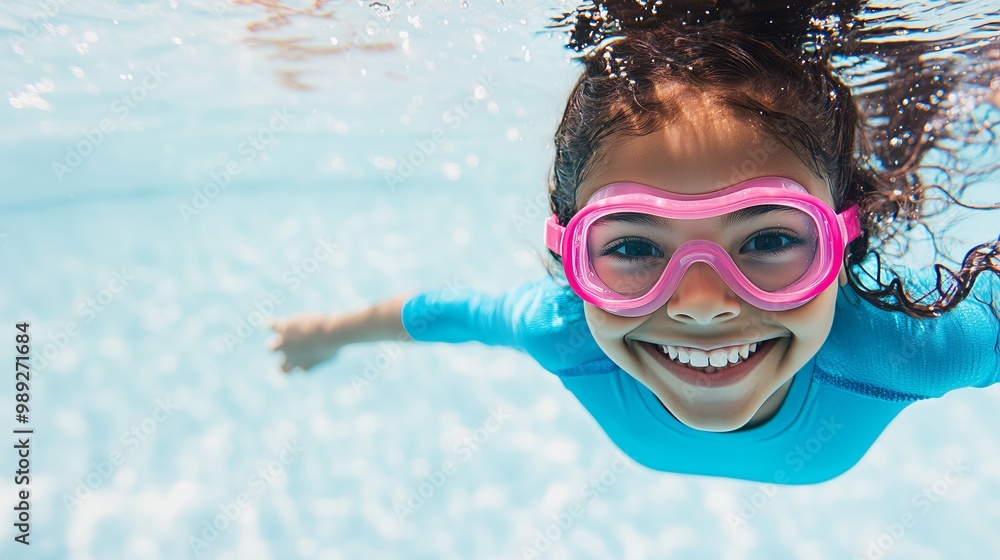 Fototapeta premium Happy child enjoying underwater swimming with vibrant pink goggles and blue swimsuit, showcasing fun and excitement.