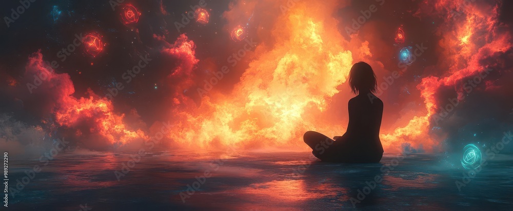 surreal digital illustration of a person in a tranquil therapy session surrounded by floating anxiety symbols dissolving into calming colors and soothing abstract shapes surreal digital illustration of a person in a tranquil therapy session surrounded by floating anxiety symbols dissolving into calming colors and soothing abstract shapes