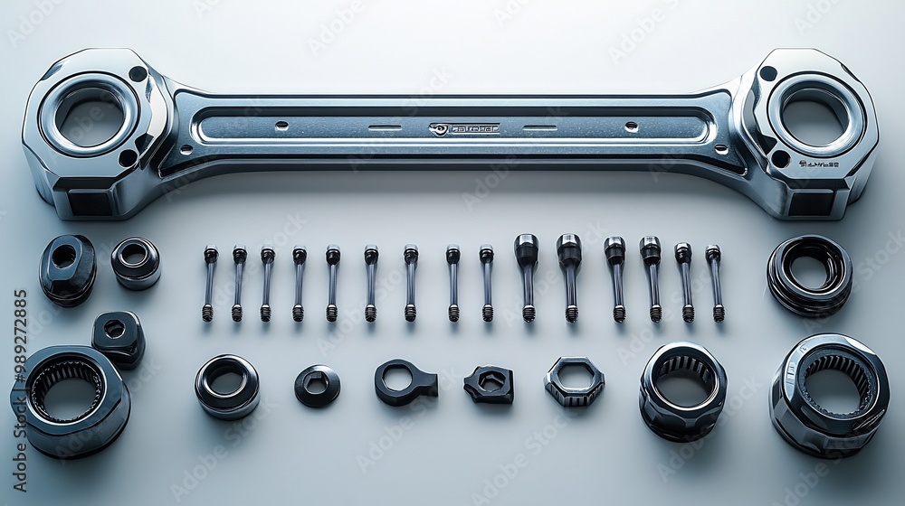 Futuristic ratchet socket set smart selfadjusting sockets automatically fit any fastener size fully visible on a white plain background highlighting its innovative design for future mechanical tasks Futuristic ratchet socket set smart selfadjusting sockets automatically fit any fastener size fully visible on a white plain background highlighting its innovative design for future mechanical tasks