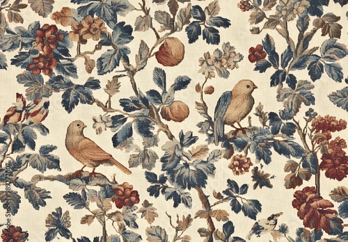 Antique Tapestry with Birds and Flowers