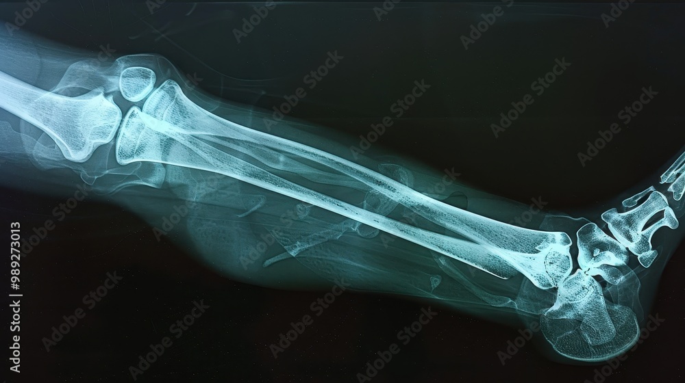 Naklejka premium Detailed X-ray Image Revealing Fractured Tibia Bone Structure - Medical Diagnosis Concept