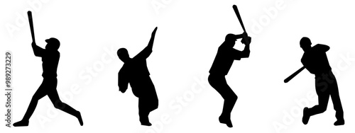 Set of silhouettes of baseball players, male athletes. Different poses, gestures. Isolated on white background. Vector illustration.