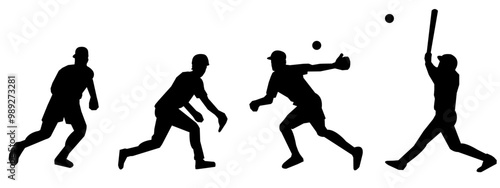Set of silhouettes of baseball players, male athletes. Different poses, gestures. Isolated on white background. Vector illustration.