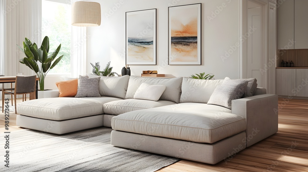 Cozy and inviting modern living room with a large comfortable sectional sofa and minimalist stylish decor the bright accents and clean lines evoking a sense of sophistication and harmony Cozy and inviting modern living room with a large comfortable sectional sofa and minimalist stylish decor the bright accents and clean lines evoking a sense of sophistication and harmony