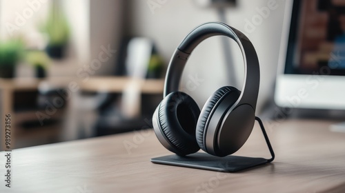 A pair of black headphones rests on a sleek stand, set against a modern, softly lit workspace with a computer in the background.