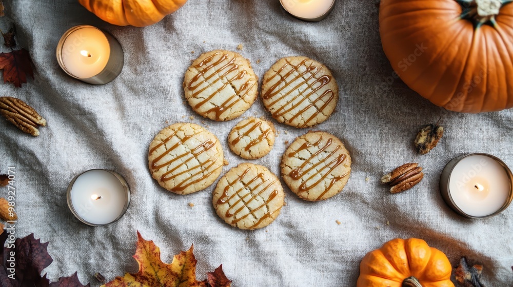 A cozy autumn display featuring cookies, pumpkins, and candles on a textured cloth. A cozy autumn display featuring cookies, pumpkins, and candles on a textured cloth.