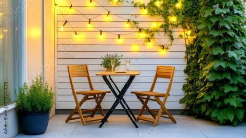 Small patio with a folding bistro set, string lights, and a climbing vine trellis photo