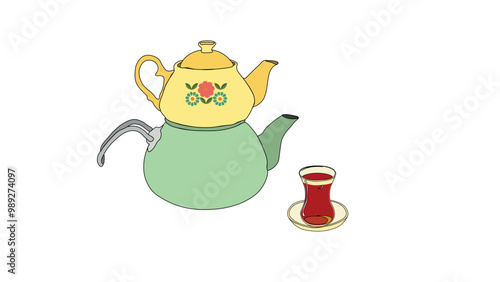 green and yellow color teapot and Black tea in glass tea cup vetor illustration. Turkish authentic traditional black tea in a classic turkish glass and cute kettle. tea set. 