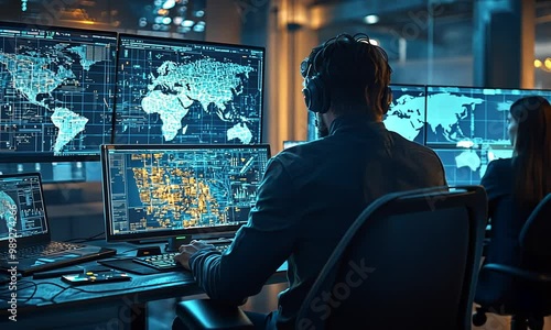 A person monitoring data on multiple screens in a tech environment.