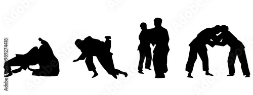 Set of Judo vector silhouettes on white background. Various different poses. Martial arts, Sports. Graphic illustration.