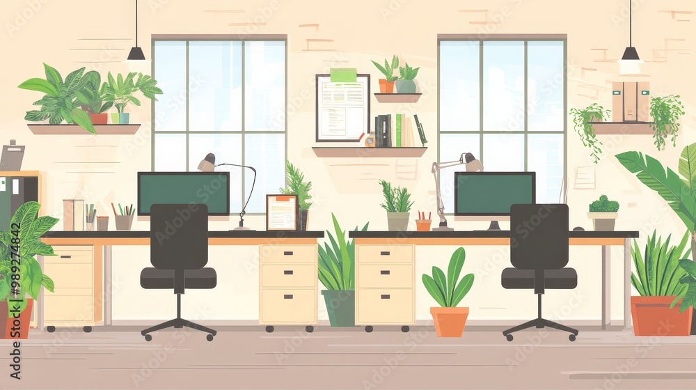 Cozy and Productive Workspace with Lush Greenery Cozy and Productive Workspace with Lush Greenery