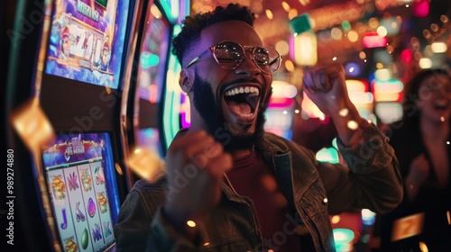 A joyful man celebrates a win at a vibrant casino, surrounded by colorful slot machines and festive lights. photo