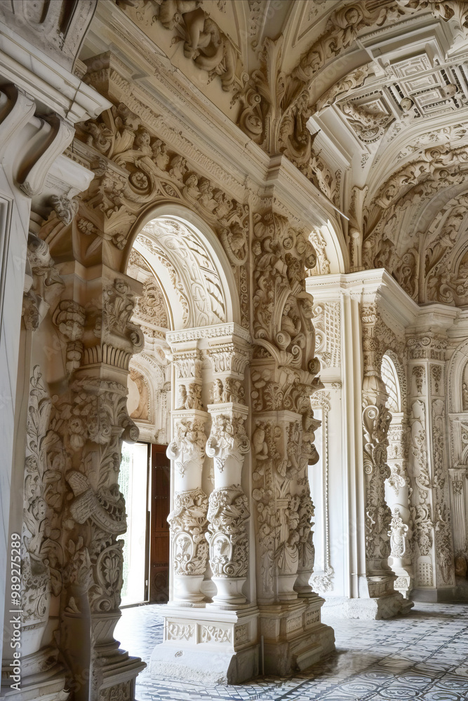 Ornate baroque-style interior with intricate carvings and arched columns in a grand architectural hall. Ornate baroque-style interior with intricate carvings and arched columns in a grand architectural hall.