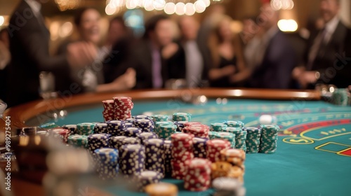 A vibrant casino scene featuring a roulette table, with colorful chips stacked, and players engaged in lively conversation.