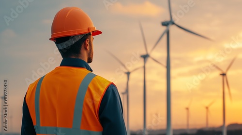 Silhouette of engineer against the sea, offshore wind turbines, sunrise, panoramic view