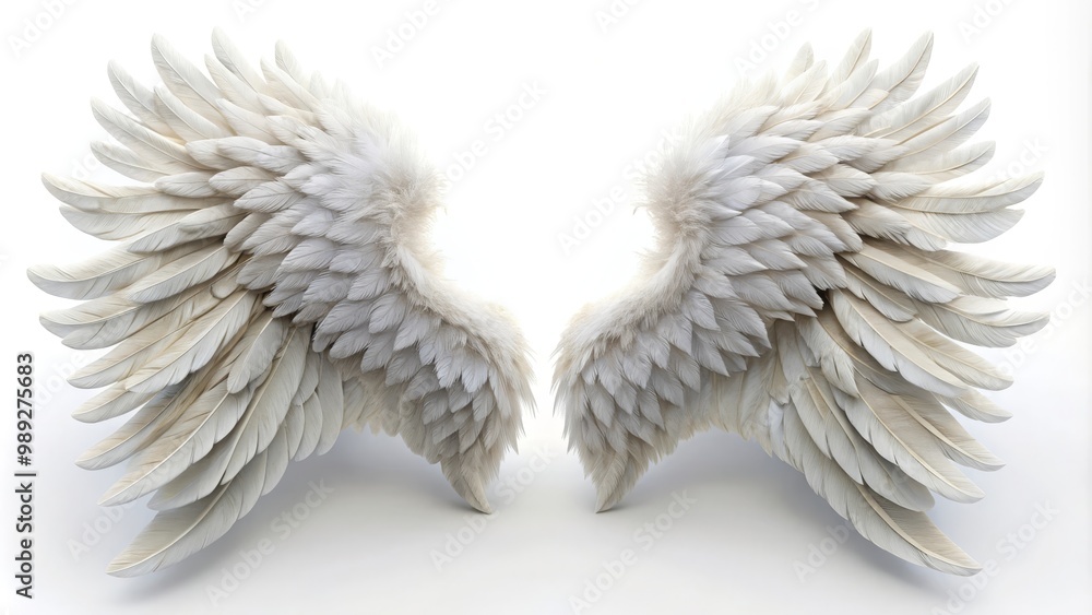 Obraz premium Majestic pair of white angel wings spreading on white background, symbolizing purity, grace, and spiritual ascension