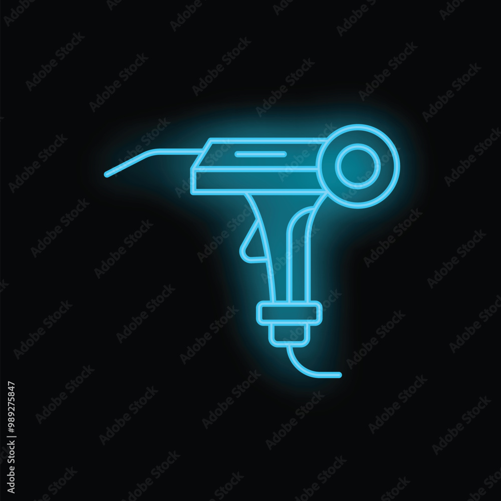 Blue neon icon of a dental drill glowing on a black background Blue neon icon of a dental drill glowing on a black background