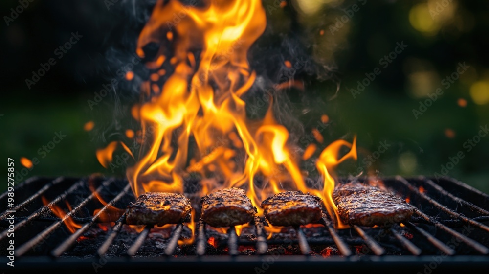 Four juicy burgers sizzling over an open flame on a barbecue grill. Four juicy burgers sizzling over an open flame on a barbecue grill.