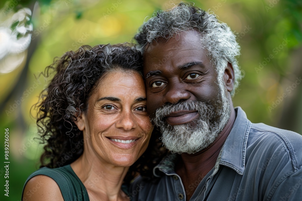 Portrait of a glad multicultural couple in their 50s planning a future together Portrait of a glad multicultural couple in their 50s planning a future together