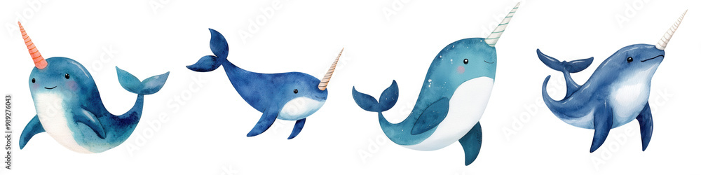 Colorful illustrations of playful narwhals on a white isolate background. Colorful illustrations of playful narwhals on a white isolate background.