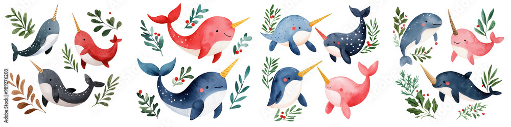 Fototapeta premium Colorful narwhals surrounded by seaweed on a white isolated background.