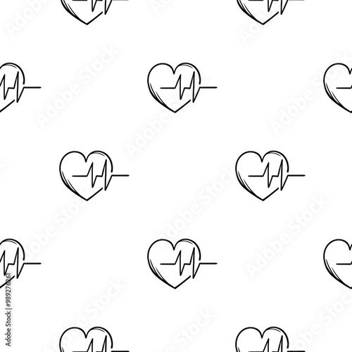Simple black and white seamless pattern with cardiogram and heart icon. Editable vector background related to diseases, flu, coronavirus, epidemic and quarantine