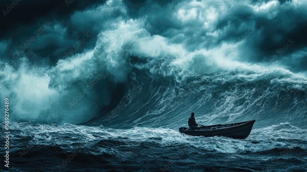 Fototapeta premium Solitary fisherman facing towering stormy waves