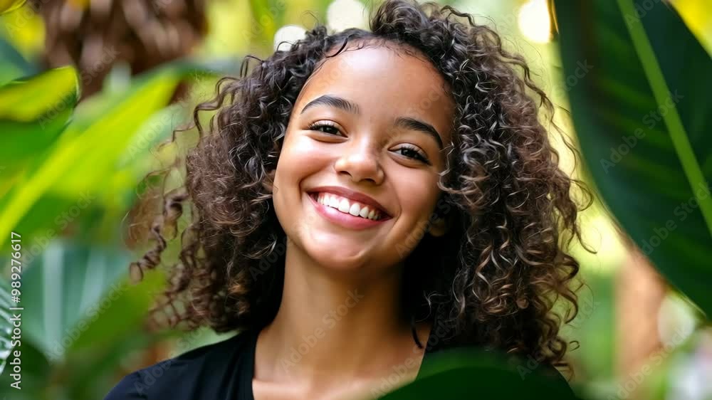 A young woman with curly hair smiles brightly while standing in front of green foliage A young woman with curly hair smiles brightly while standing in front of green foliage