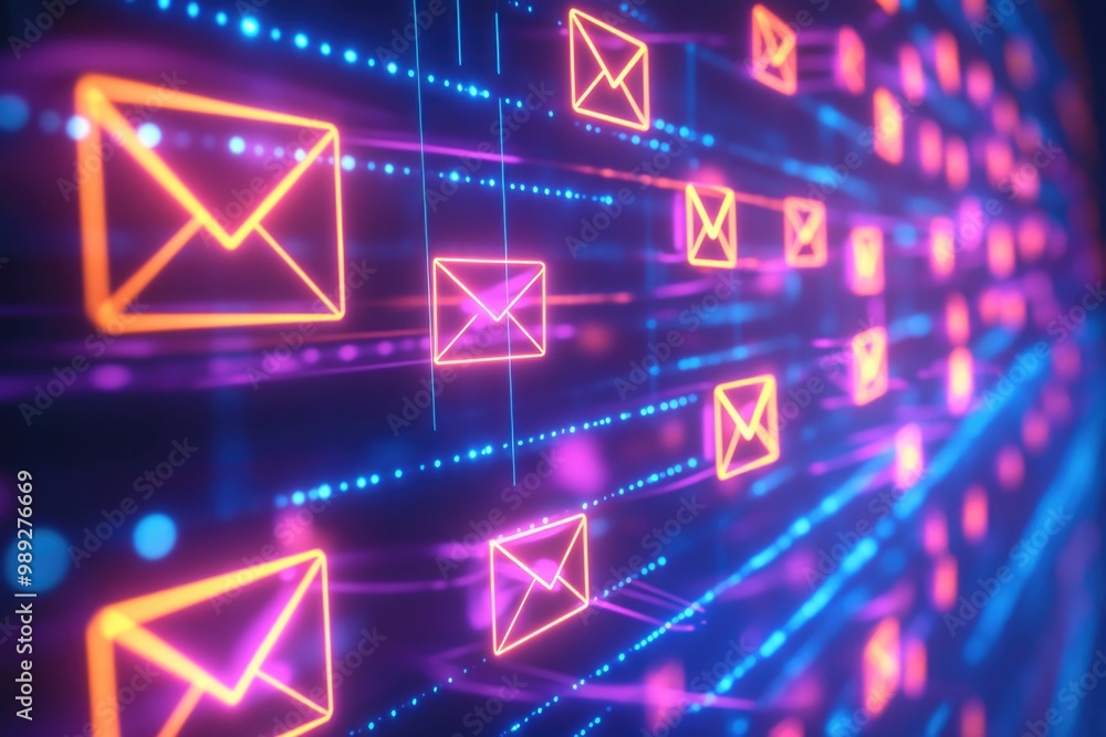 Futuristic digital communication with glowing email icons Futuristic digital communication with glowing email icons