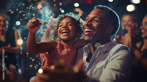 A joyful moment between a father and daughter, celebrating with laughter amidst sparkling confetti, surrounded by a lively crowd.