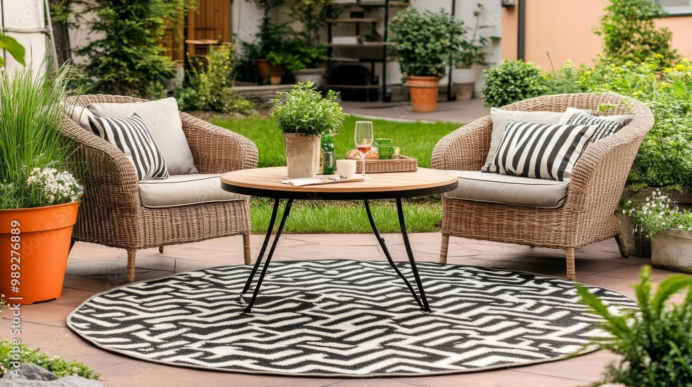 Obraz premium Small patio with a round table, wicker chairs, and a cozy outdoor rug