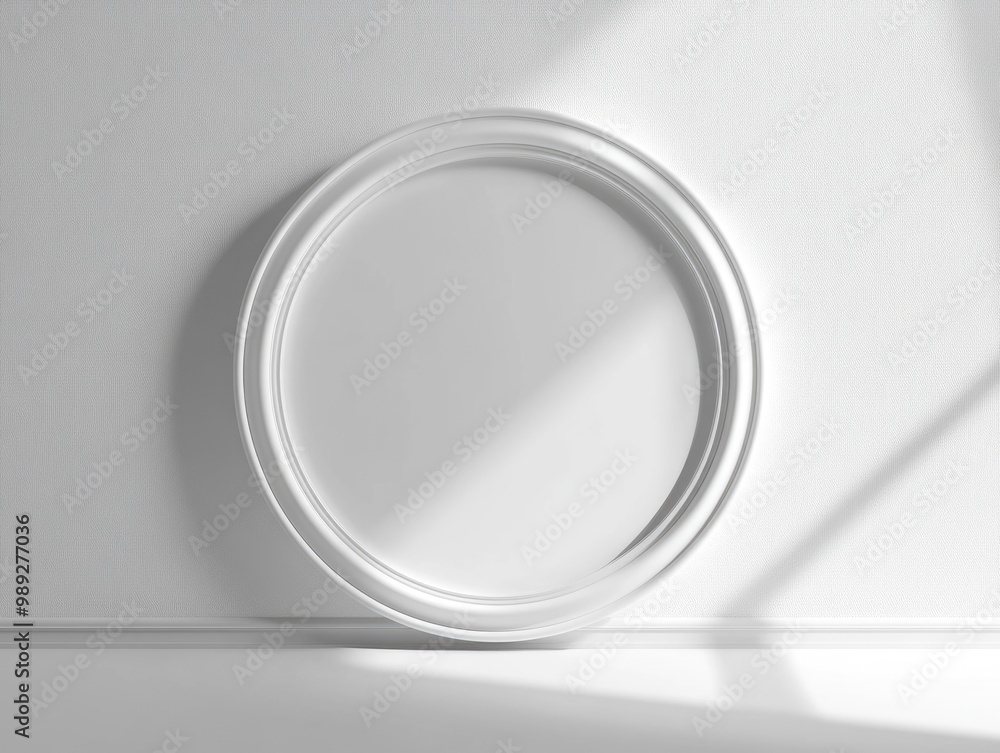 Minimalistic round mirror casting soft shadows on a wall Minimalistic round mirror casting soft shadows on a wall