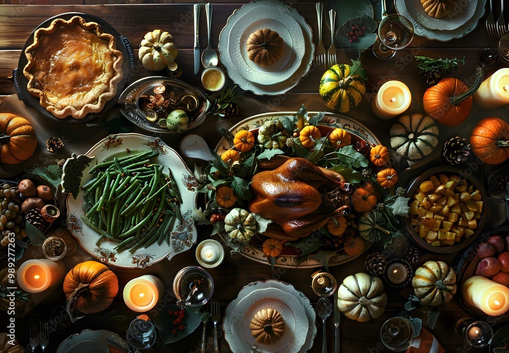 Overhead View of Thanksgiving Dinner Table Overhead View of Thanksgiving Dinner Table