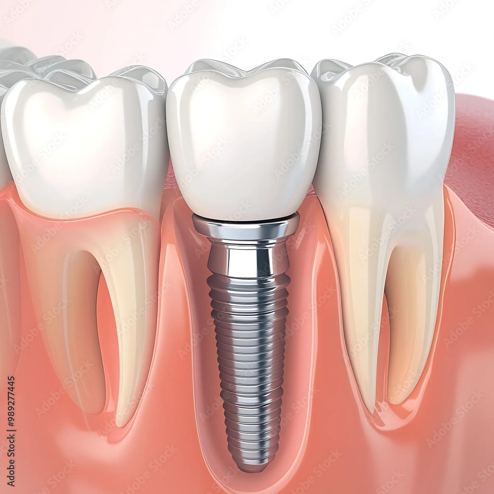 Illustration of a dental implant with a titanium screw in gum tissue between natural teeth, showing a close-up view of tooth restoration and implant placement. Illustration of a dental implant with a titanium screw in gum tissue between natural teeth, showing a close-up view of tooth restoration and implant placement.
