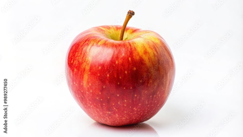 Single red and yellow apple sitting on a white reflective surface Single red and yellow apple sitting on a white reflective surface