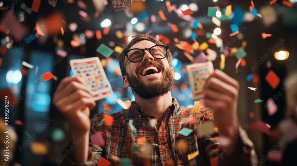 Fototapeta premium A joyful man celebrates, holding playing cards amidst a shower of colorful confetti, capturing a moment of excitement and fun.