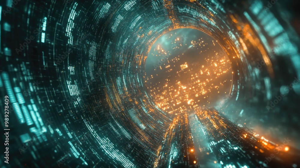 Futuristic digital tunnel with glowing data streams Futuristic digital tunnel with glowing data streams