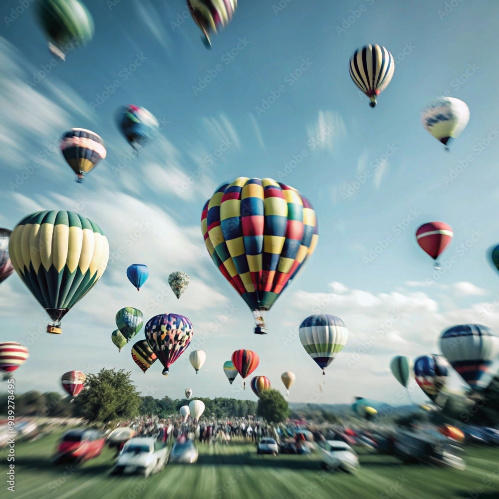 Obraz premium A field with a large crowd of people watching hot air balloons.