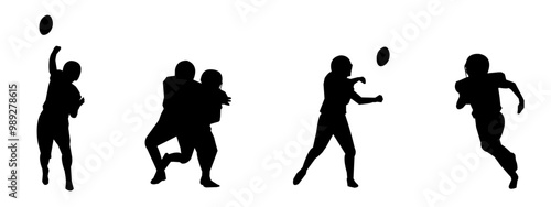 Set of silhouettes of male American football players. Various player poses. Isolated on a white background.