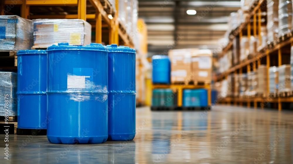 Organized Warehouse with Stacked Plastic Barrels and Shelves Organized Warehouse with Stacked Plastic Barrels and Shelves