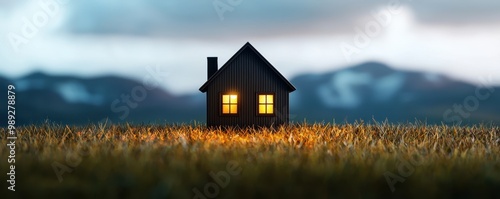 A cozy black house illuminated at dusk, surrounded by lush grass and mountains in the background. photo