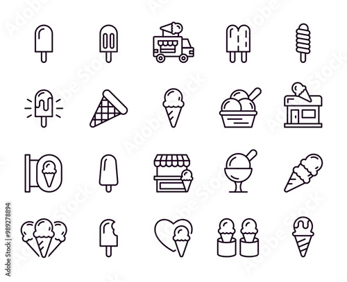 Ice cream icons. Sundae scoop. Waffle cone and sorbet line pictogram. Black and white cup for frozen food menu. Sweet snack dish. Cold dessert cart. Shop truck. Vector cafe symbols set