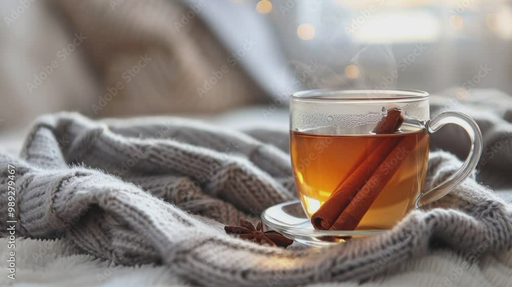 Cinnamon Tea on Cozy Blanket in Warm Indoor Setting Cinnamon Tea on Cozy Blanket in Warm Indoor Setting